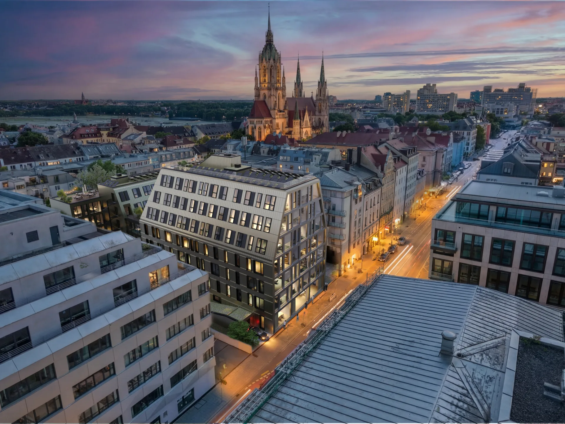 ALTERA – Büroneubau im Münchner Bahnhofsviertel in der Abenddämmerung